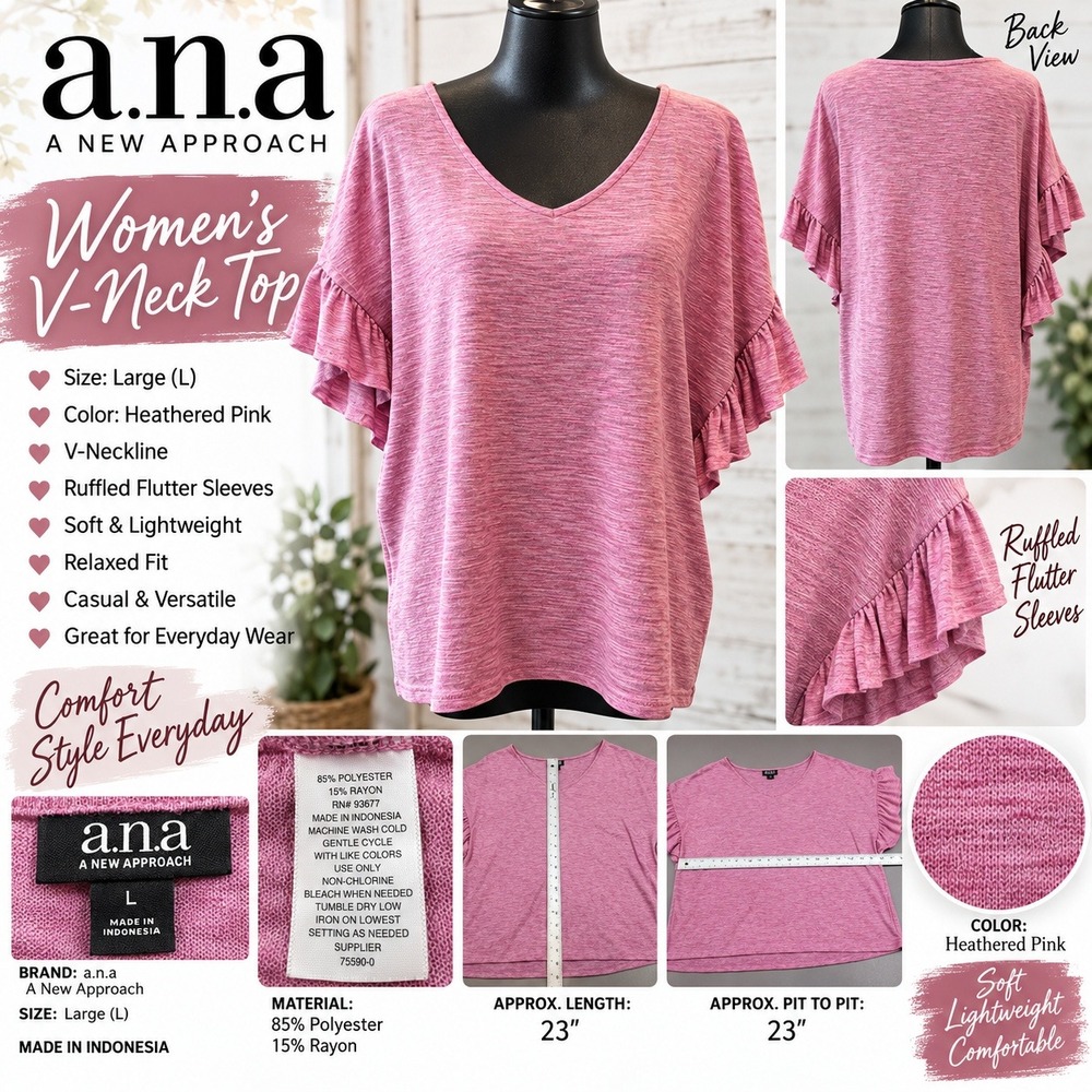 a.n.a Women V-Neck Top Heathered Pink Ruffle Flutter Sleeve Relaxed Fit Large